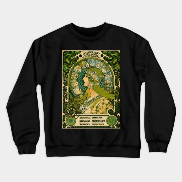 Emerald Green Astrology Poster | Alphonse Mucha Crewneck Sweatshirt by visionarysea